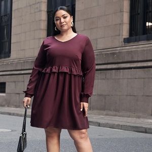 NWT SHEIN Purple Burgundy Ruffle Trim Smock Dress